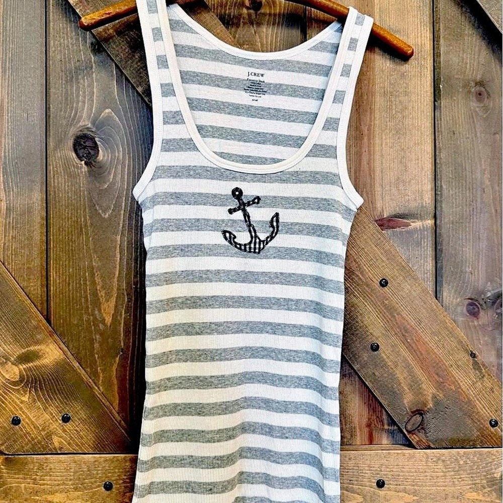 J.Crew Tank Top Womens Small Grey Good Striped Anchor Embroidered Ribbed Cotton